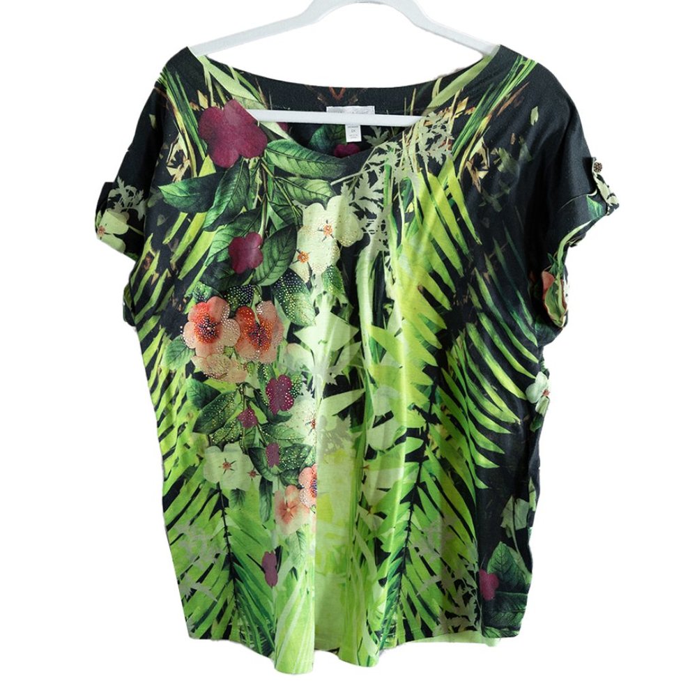 Dressbarn Women's 2X Green Tropical Print Roll Tab Short Sleeve Tunic